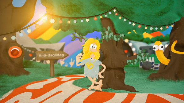 A whimsical cartoon scene featuring a playful number ‘5’ character under a tree, an orange creature peeking from the trunk, fantastical trees with eyes, decorations, directional signs including one that says ‘Anti-dagildag,’ and an orange path leading towards a rainbow in the distance.
